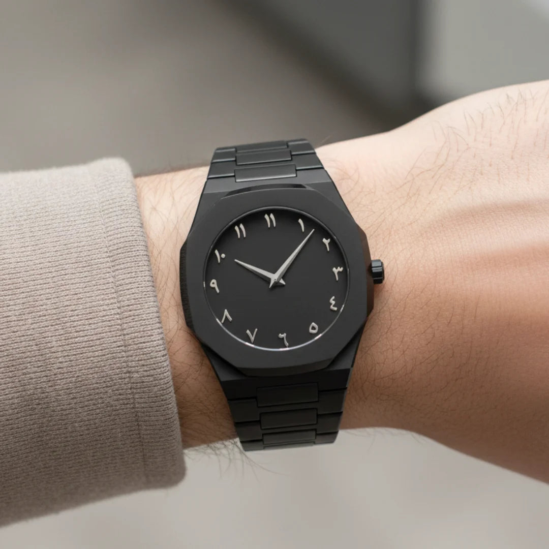 Aura Black Arabic Dial Watch - Premium Matte Stainless Steel Wristwatch