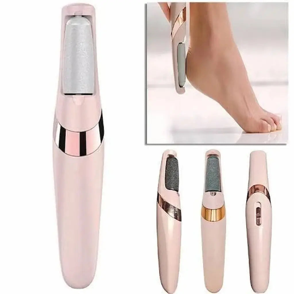 Electric foot file with close-up of use on a foot, shown from multiple angles.