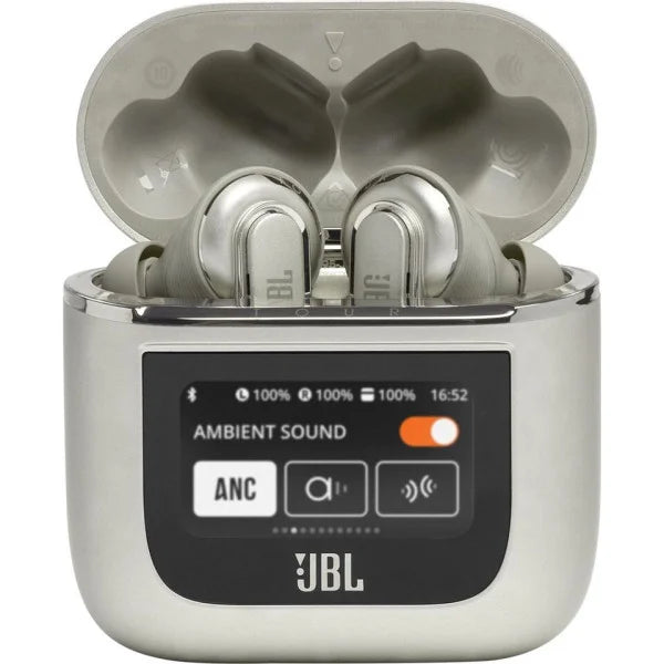 JBL wireless earbuds in charging case with display on a white background