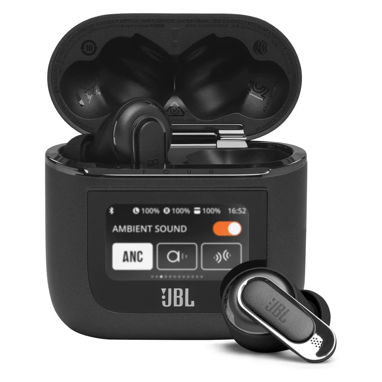 Black JBL wireless earbuds in charging case with display on a white background