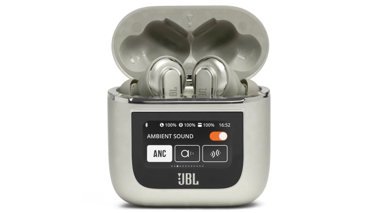 JBL wireless earbuds in a charging case on a white background