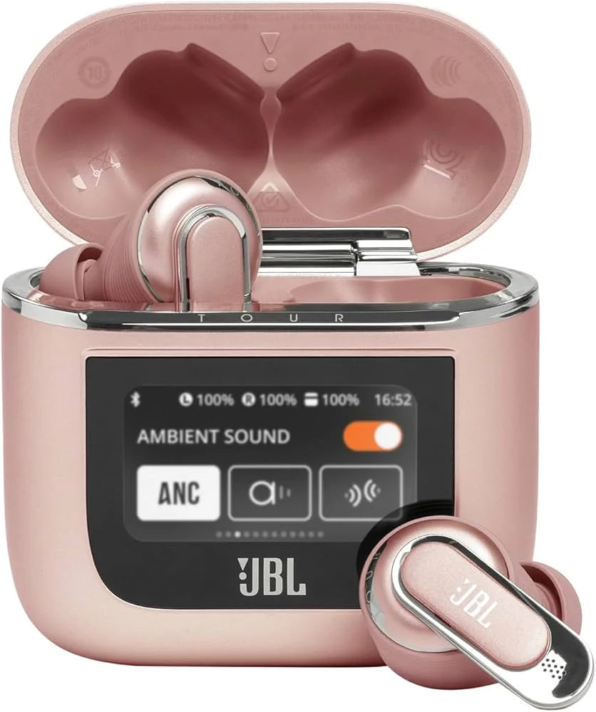 Pink JBL wireless earbuds with charging case on a white background