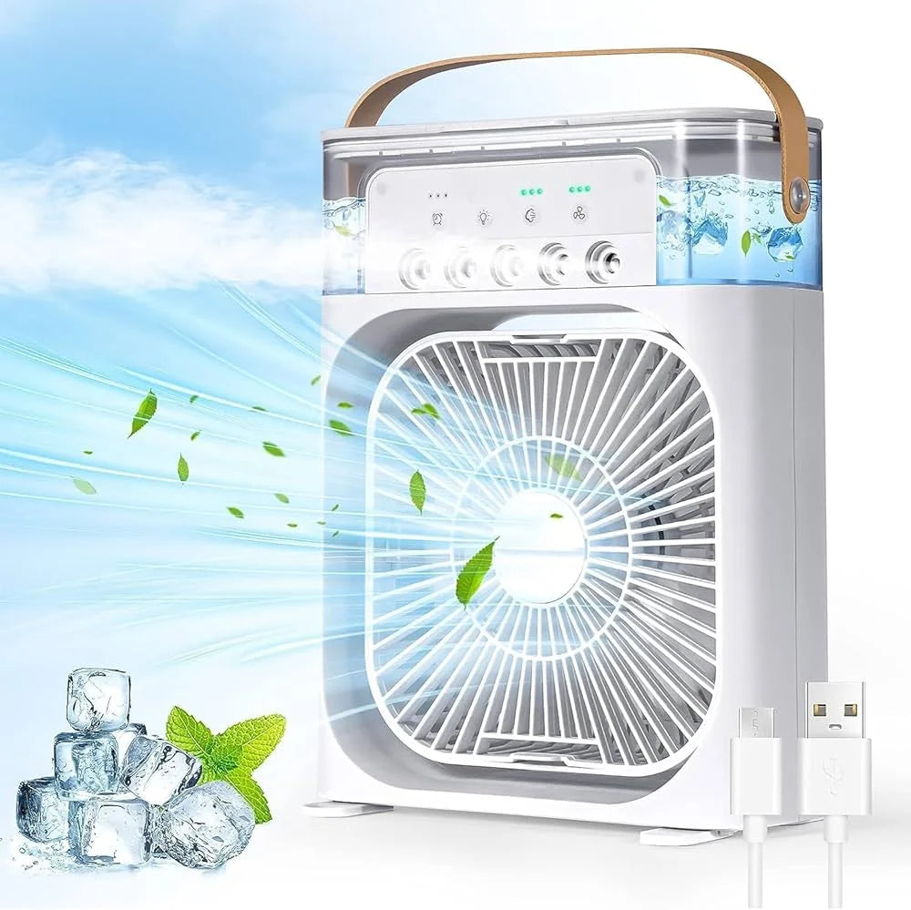 Portable air conditioner with fan blades on a blue sky background