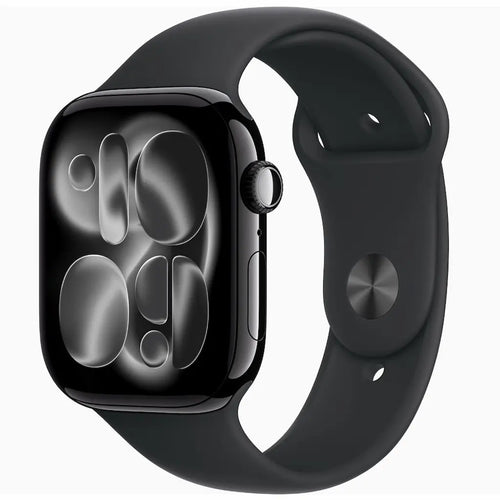 Black smartwatch with a matching black band on a white background