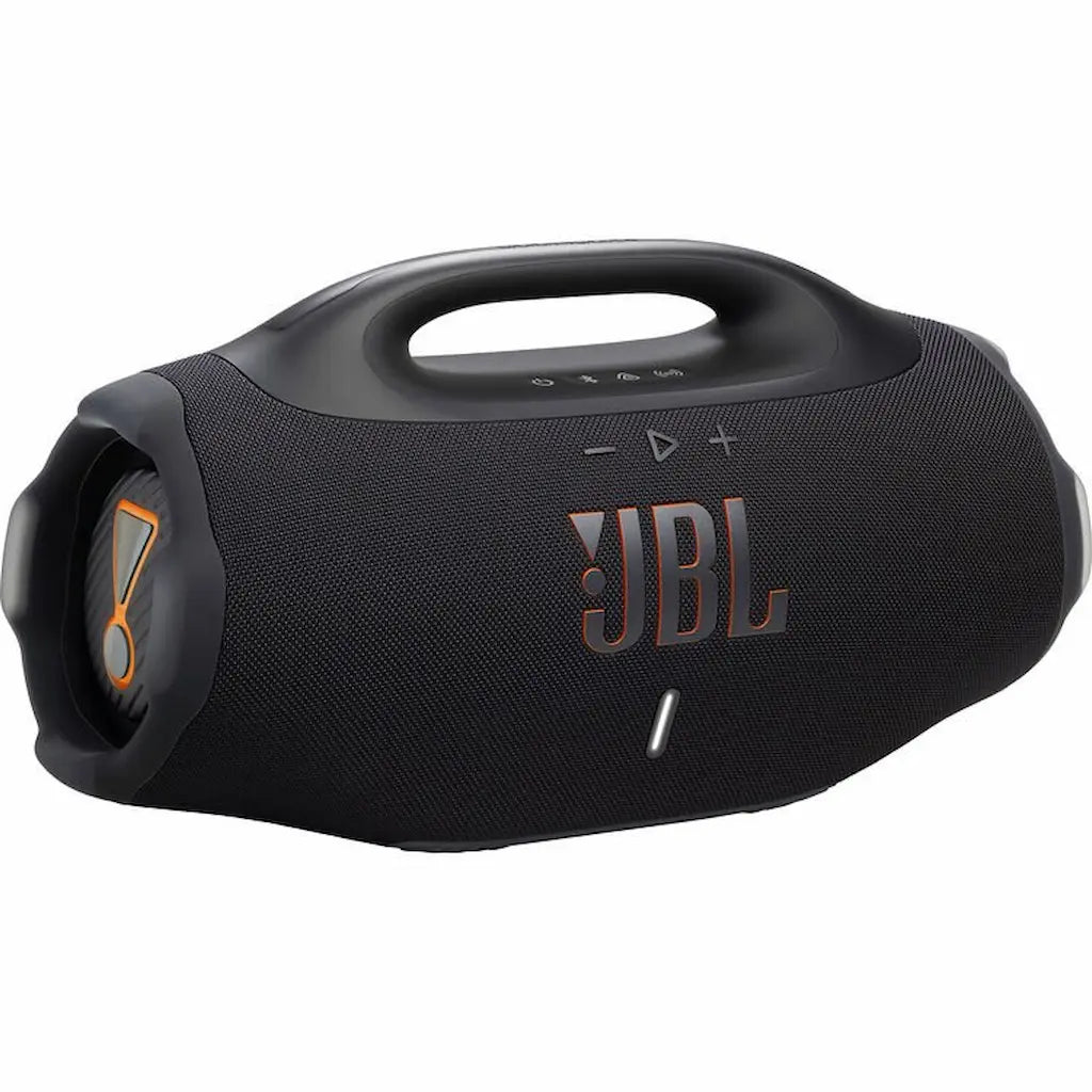 Black JBL portable speaker with handle on a white background