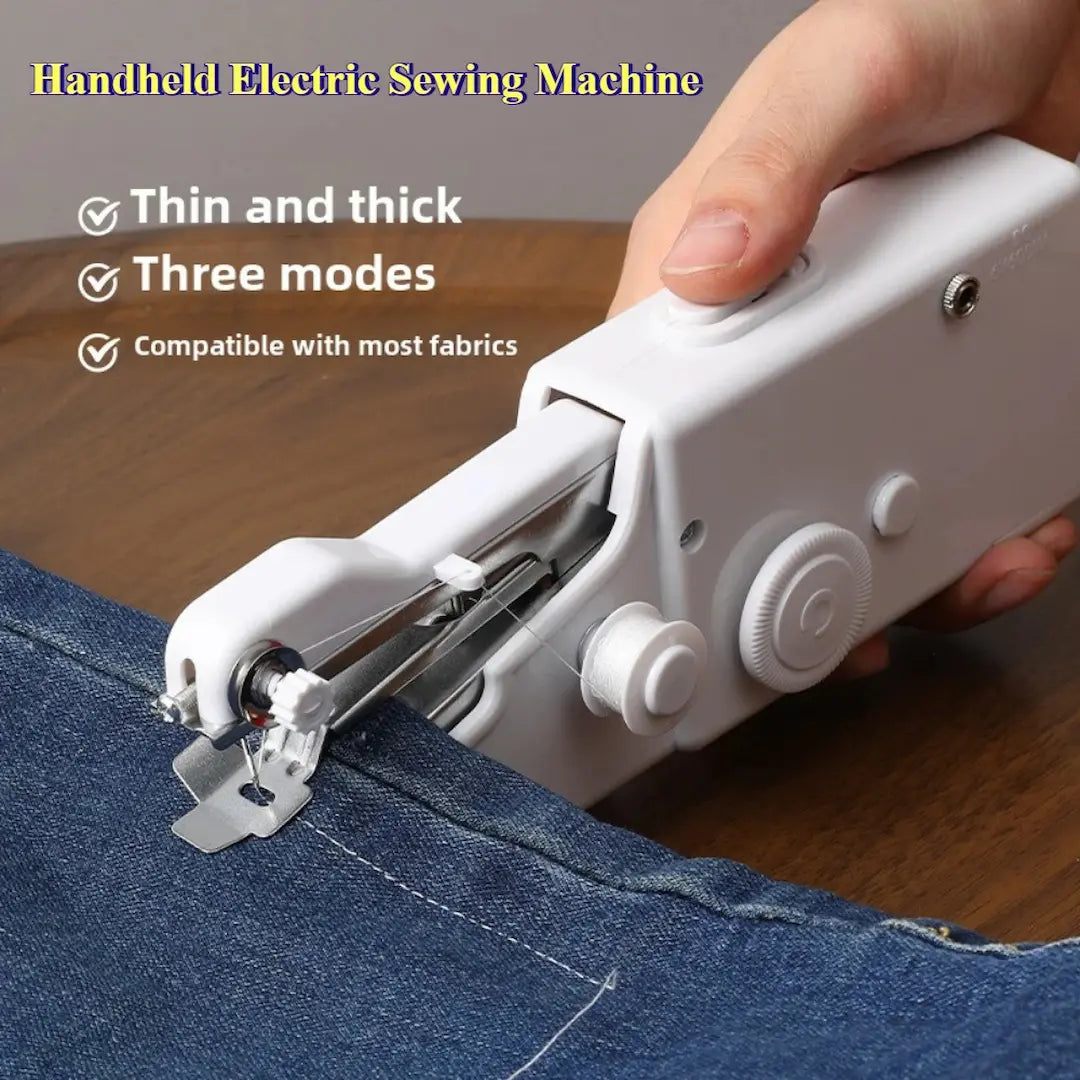 Handheld electric sewing machine being used on denim fabric with text highlighting features.